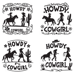 Western vector graphic set featuring cowgirls, horses, cacti, skulls, hats, boots, and 