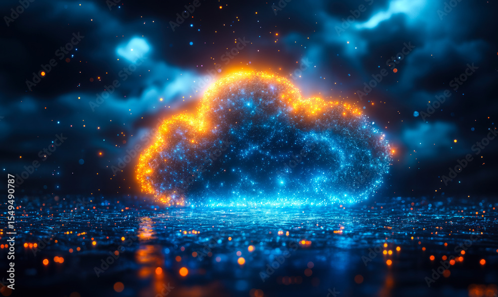 Poster futuristic glowing cloud shape composed of blue and orange particle lights on digital grid backgroun