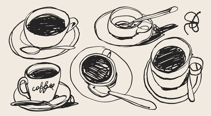 Naklejka na ściany i meble Black Coffee set. Cup, spoon, plate. Different views. Sketchy, quirky, grunge, artistic, doodle, trendy style. Aromatic, tasty coffee concept. Hand drawn Vector illustration. Isolated design elements