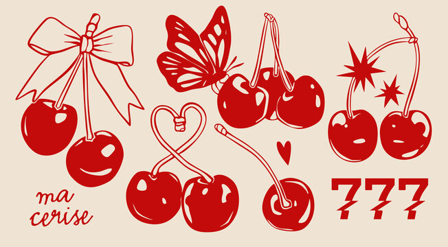 Red Cherry set. Cherries on stem, with bow ribbon, butterfly. Double, triple cherries. Symbol of luck. Hand drawn trendy Vector illustration. Isolated design elements. Icon, print, sticker templates