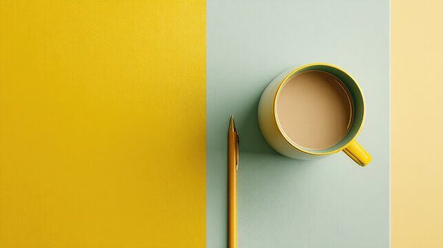 Aesthetic flat lay of a coffee cup with a pencil on a vibrant yellow and blue background showcasing modern workspace inspiration and creative lifestyle ideas