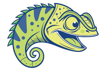 Cheerful green cartoon chameleon displays a broad smile with visible tongue and spotted skin © Lovely