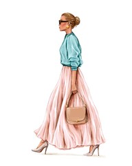 Fashion blond hair woman. Beautiful girl in sunglasses. Stylish girl in skirt. Pretty woman walking. Fashion illustration.
