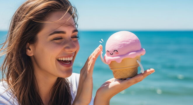 Joyful woman and playful ice cream friend on summer beach - Powered by Adobe