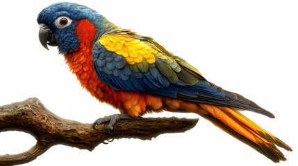 Golden-capped Parakeet on Branch: A vibrant Golden-capped Parakeet perches gracefully on a weathered branch, its plumage showcasing a stunning array of blue, orange, and yellow hues. 