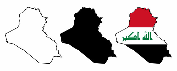 Set of Iraq maps in three styles: outline, black silhouette, and national flag fill. Ideal for use in infographics, education, geopolitics, or editorial design. Isolated on white background.