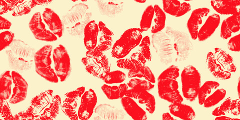 Kiss prints of different lips. Mixed media, vector design, seamless pattern, background