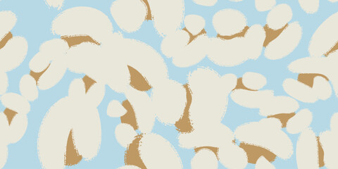 Floral seamless blue pattern with different abstract white cotton  flowers. Vector background, design, print