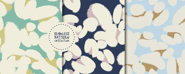 Set of seamless patterns with abstract cotton white flowers in vector. Backgrounds, prints, design elements