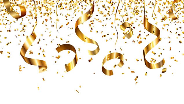 Golden confetti and ribbons on black background