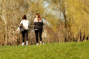 Two girlfriends strolling through the park among the lush greenery. Activity and relaxation in the fresh air. Friendly relations between women