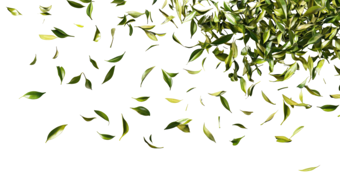 Falling leaves, vibrant green and yellow, against a dark background