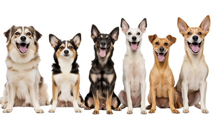 happy group of diverse dog breeds sitting together isolated on transparent background