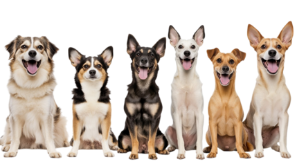 happy group of diverse dog breeds sitting together isolated on transparent background