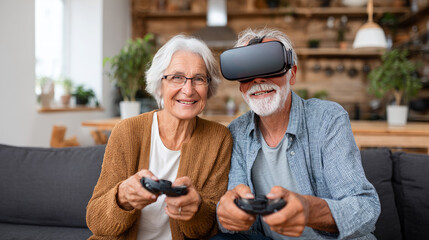 VR, gaming and metaverse with a senior couple playing a video game in their home for fun together. 3d, virtual reality and internet with an elderly gamer and his wife enjoying an immersive experience