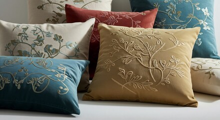 Elegant embroidered throw pillows softly illuminate a cozy space. AI Generated