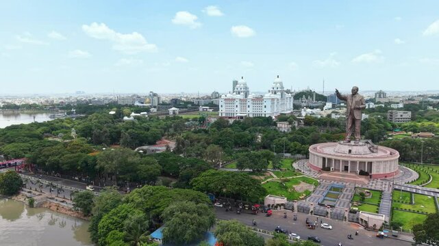 Hyderabad, India: Aerial view of monumetal Dr. B. R. Ambedkar Statue in capital and largest city of Indian state of Telangana - landscape panorama of South Asia from above
