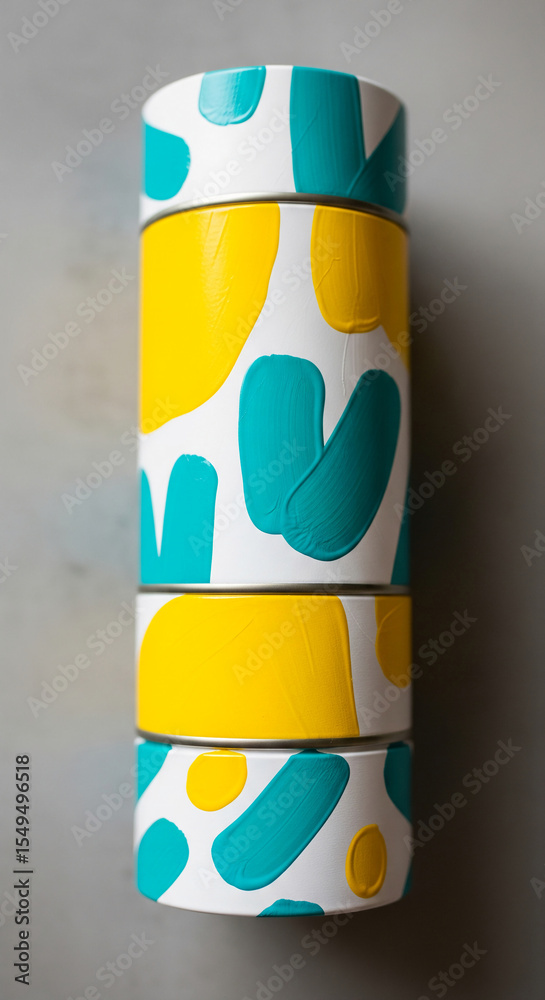 Poster stacked cylinders with abstract yellow and teal brushstrokes on white background, creating a modern 