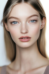 Fototapeta premium close up of young woman with long blonde hair and striking blue eyes, natural makeup look and smooth skin. Her is calm and confident, highlighting her features beautifully