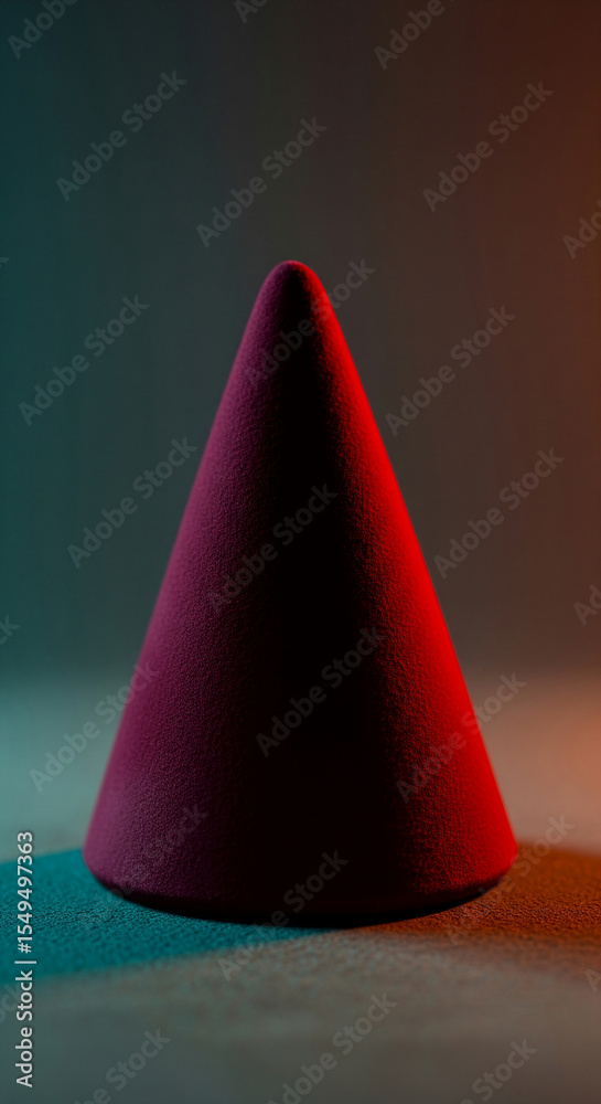 Poster Dark-red cone shape on teal surface, illuminated by red and blue light, showcasing minimalist design and geometric form, ideal for abstract or product display