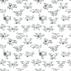 Seamless vector pattern of hand-drawn drones in a playful sketch style. Can be used for wallpaper, pattern fills, textile, web page background, surface textures.