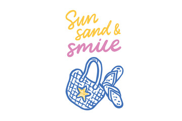 Beach Bag Flip Flops Lettering Summer Flat Vector Clipart