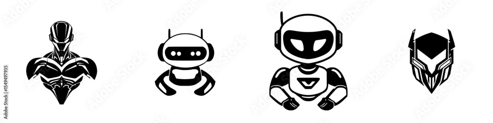 Poster set of black icons featuring various robot designs in a minimalist style for use in digital projects