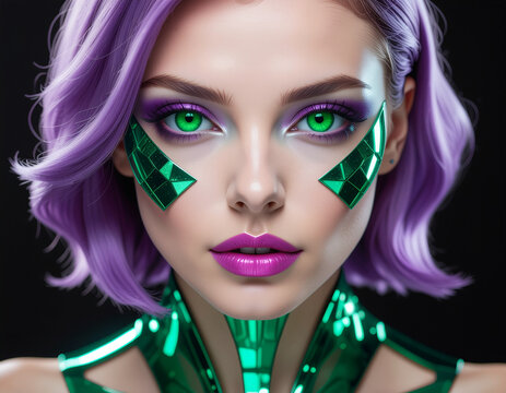 A woman with wavy purple hair poses against a black backdrop, wearing a high-neck metallic green outfit. The vibrant color clash and confident pose evoke futuristic beauty and fashion-forward styling.