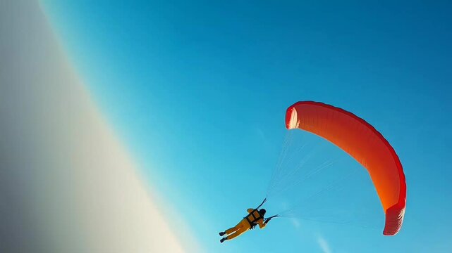 Paraglider flying under orange canopy in blue sky  
