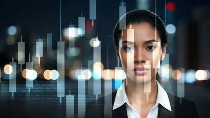 Businesswoman in a suit with financial data overlaid on her face in a city night scene - Powered by Adobe