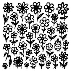 Graffiti Flower Icons – Black Spray Paint Botanical Symbols Set