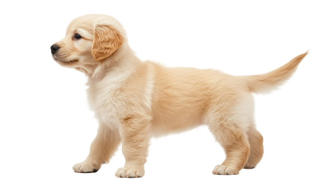 Light-gold puppy, side view, alert
