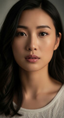 Fototapeta premium Close-up of young Asian woman's face, featuring smooth skin and dark hair, conveying serenity and natural beauty