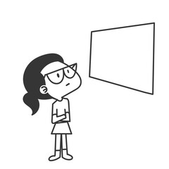 glasses girl looking at blank board cartoon