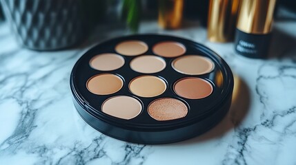Circular makeup palette with various shades of beige and tan