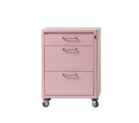  Compact pink rolling drawer unit with wheels and metal handles, utility-style furniture on a clean white backdrop.

