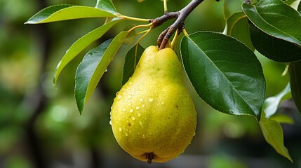 Obraz premium A ripe yellow pear hanging gracefully from its branch. It showcases a fresh, vibrant appearance with glistening droplets of water. Perfect for food photography and nature lovers. AI