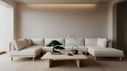 Minimalist Living Room with Bonsai Tree Tea Set and Neutral Color Palette