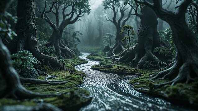 Enchanted Forest with Twisting River at Dawn - Powered by Adobe