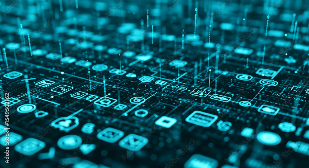  abstract digital network image with cyan app icons and connecting lines, showcasing data flow and in