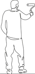One continuous single drawing line art flat doodle man, paint, decorating, renovation, house, paintbrush, painting, working. Isolated image hand draw contour on a white background, hand drawn, not AI