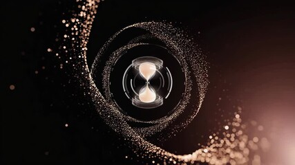 Dynamic swirling particles and an hourglass create a captivating visual experience, showcasing the relationship between time and light golden background