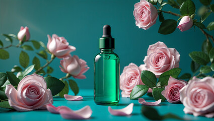 Rose Essential Oil Bottle with Pink Flowers