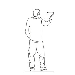 One continuous single drawing line art flat doodle man, paint, decorating, renovation, house, paintbrush, painting, working. Isolated image hand draw contour on a white background, hand drawn, not AI