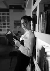 A girl in the library with a book.