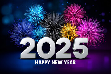 Happy New Year 2025 Celebration with Colorful Firework Display Festive Holiday Greeting Card Background