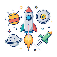 Futuristic Rocket Launch Icons 3D Comic Style Illustration