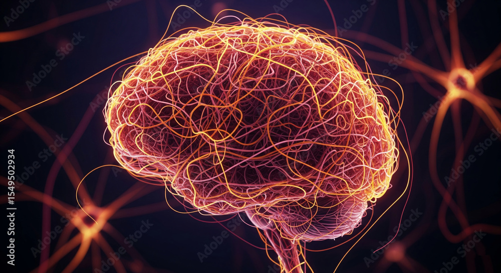 Aufkleber intricate network of orange and pink filaments resembling brain neurons, creating a complex, interco
