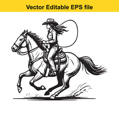 Fototapeta premium Dynamic Black and White Illustration of a Cowgirl Riding a Galloping Horse with Lasso Raised in Action and Determination in a Vector Editable Format
