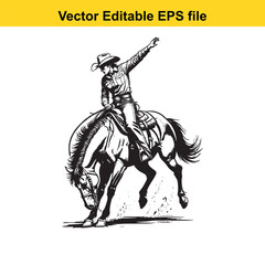 Obraz premium Dynamic Black and White Illustration of a Cowgirl Riding a Galloping Horse with Lasso Raised in Action and Determination in a Vector Editable Format